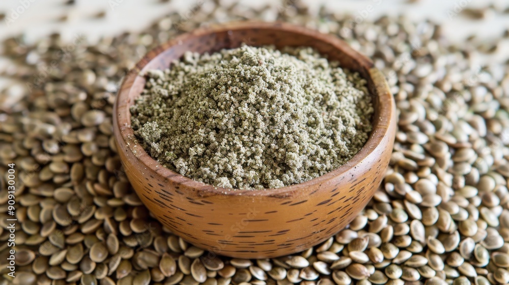 Nutritious Hemp Seeds in Wooden Bowl on White Background Nutritious Hemp Seeds in Wooden Bowl on White Background