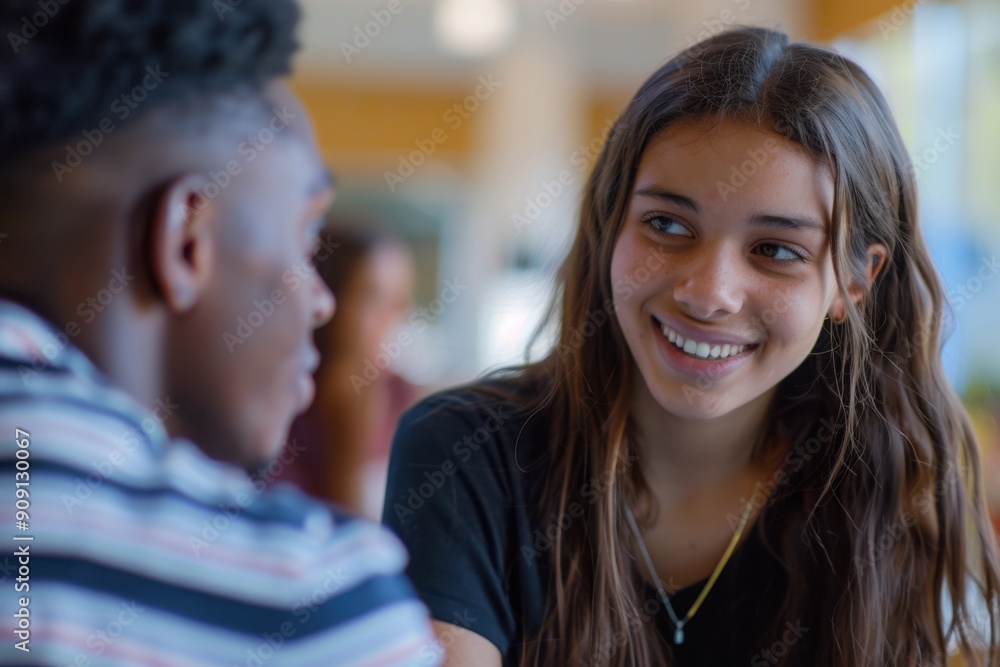 Fototapeta premium Local youth mentoring program diverse pairs in conversation, with copy space