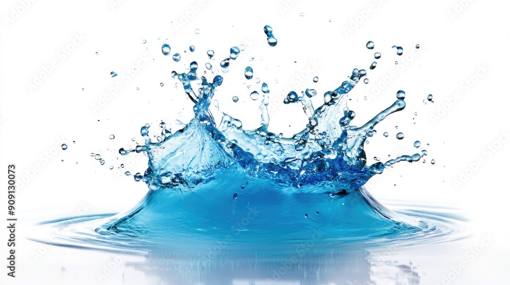 Dynamic blue water splash, with droplets captured mid-air on a white background. Dynamic blue water splash, with droplets captured mid-air on a white background.