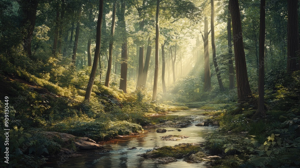 Fototapeta premium Forest landscape featuring towering trees, dappled sunlight, and a meandering stream enhancing the serene atmosphere