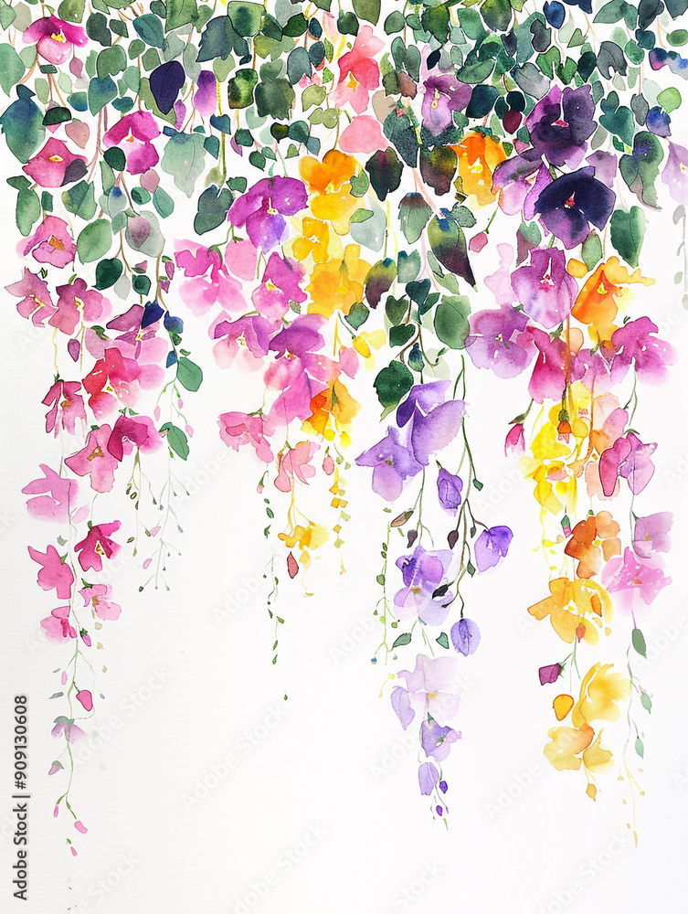 Fototapeta premium Painting of flowers and leaves that are arranged from above. Flowers are blooming. Watercolor illustration style.