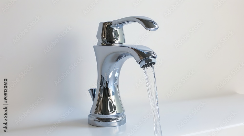 Modern Chrome Bathroom Faucet with Waterfall Spout on White Background Modern Chrome Bathroom Faucet with Waterfall Spout on White Background