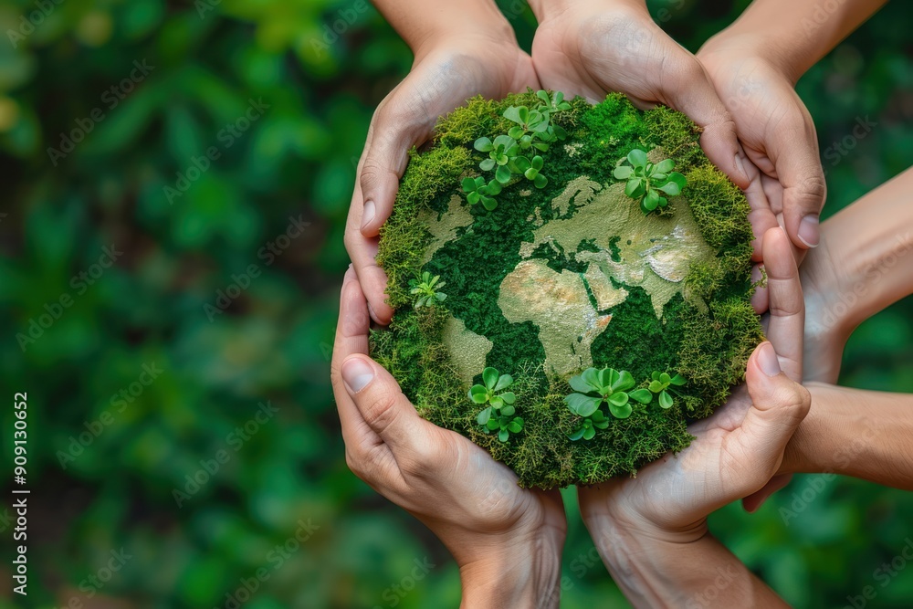 A group of people holding a globe made of plants A group of people holding a globe made of plants
