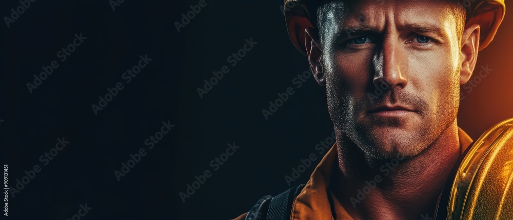 Closeup of a dedicated firefighter against a solid black background Closeup of a dedicated firefighter against a solid black background