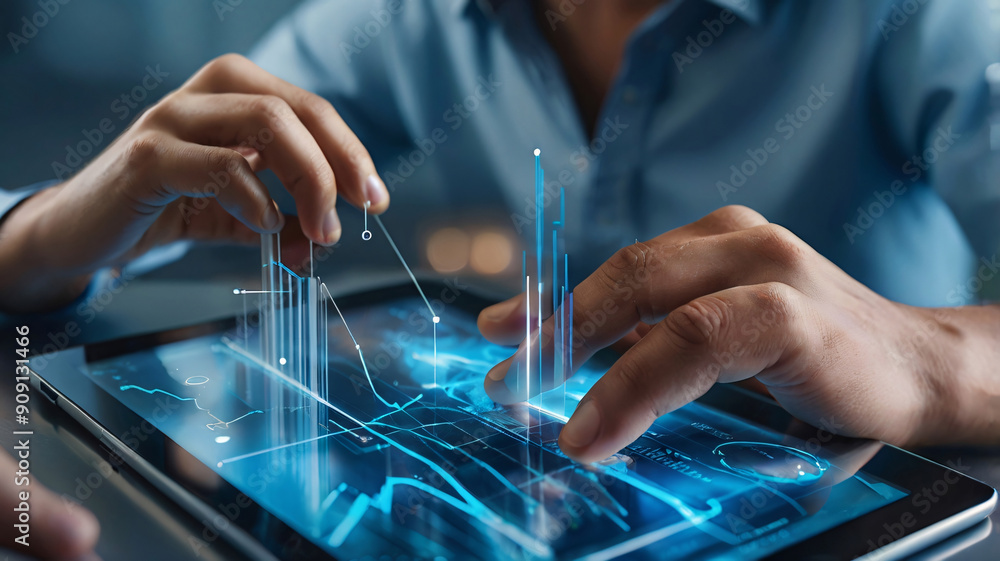 Person with Digital Tablet Manipulating Holographic Interface ...