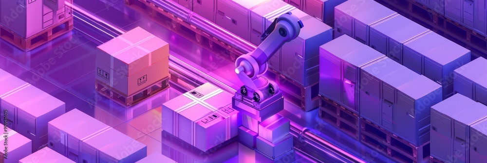 isometric composition a smart automated robotic arm efficiently handling a box a modern logistics isometric composition a smart automated robotic arm efficiently handling a box a modern logistics
