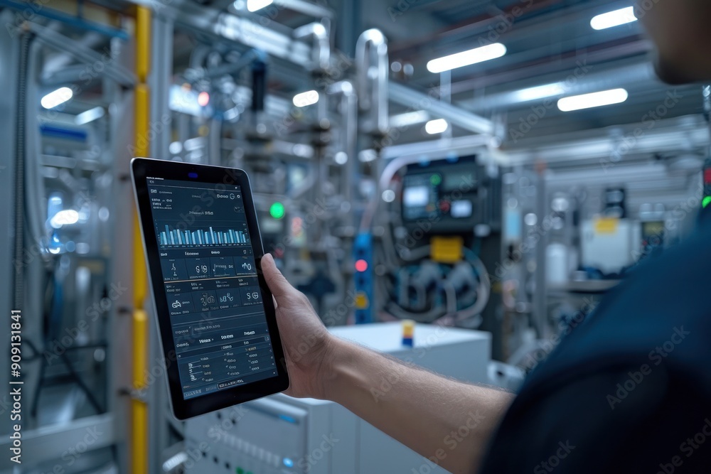 A person is holding a tablet in a factory setting A person is holding a tablet in a factory setting