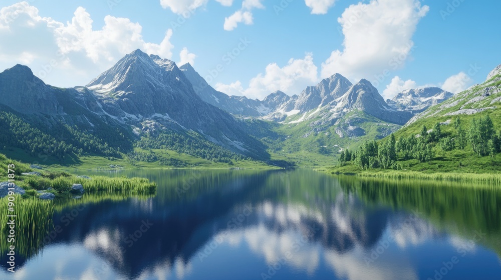 Majestic mountain view featuring green valleys, a clear blue sky, and a tranquil lake reflecting the breathtaking scenery Majestic mountain view featuring green valleys, a clear blue sky, and a tranquil lake reflecting the breathtaking scenery