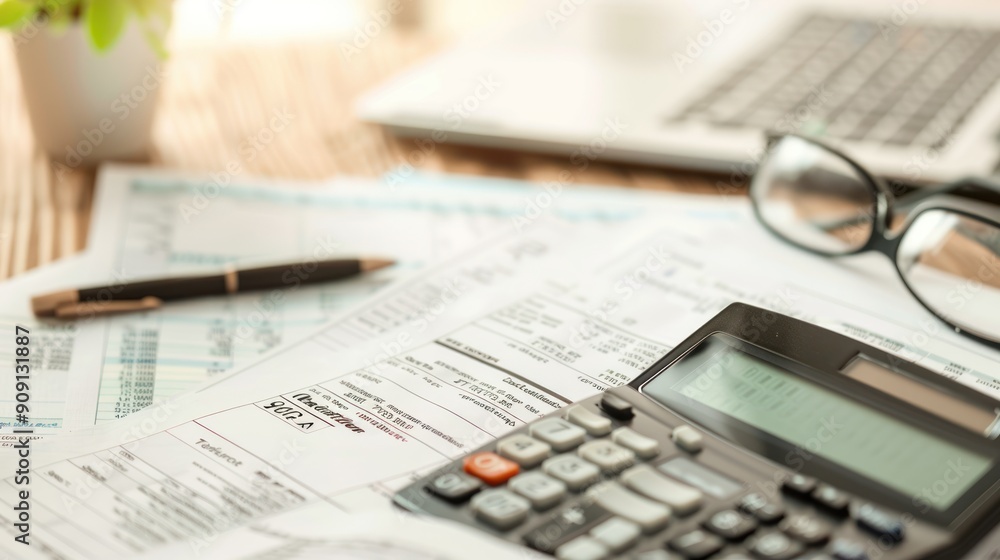 Obraz premium Calculator stationary and financial business data paper on office desk.