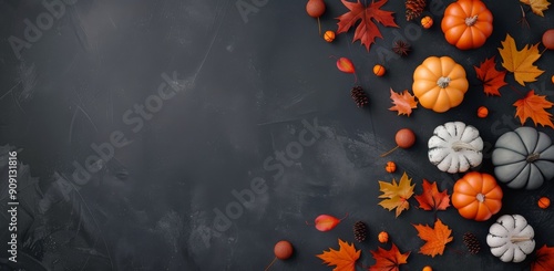 Autumn Harvest Decor With Pumpkins And Colorful Leaves On Dark Background