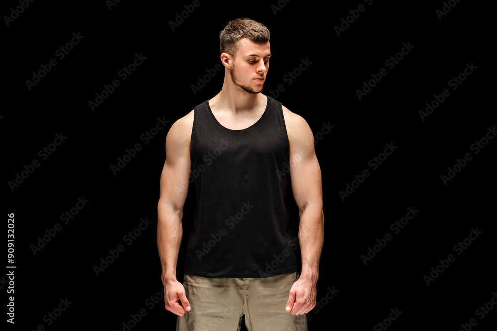 Young, serious athletic man earing black tank top posing isolated on black background Young, serious athletic man earing black tank top posing isolated on black background