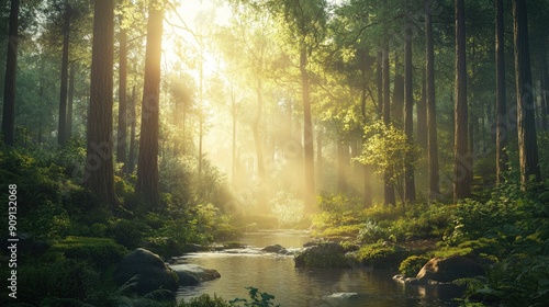 Peaceful forest landscape with towering trees, sunlight filtering through the canopy, and a tranquil stream