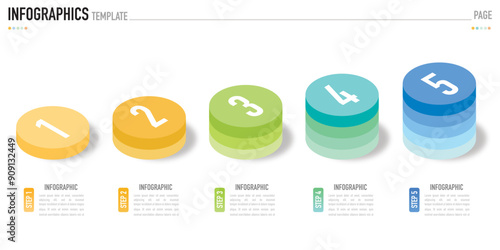 Circular isometric infographic template or element with 5 step, process, option, colorful circle, bar, column, arrow, minimal style, slide