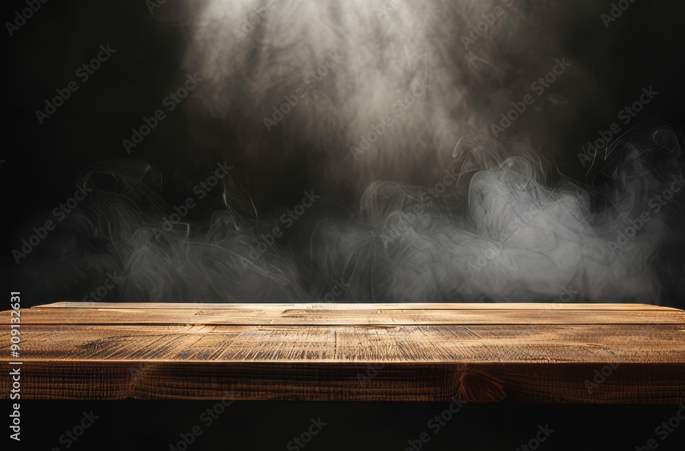 Dramatic Wood Table Surrounded by Smoke and Spotlight in a Dark Environment Dramatic Wood Table Surrounded by Smoke and Spotlight in a Dark Environment