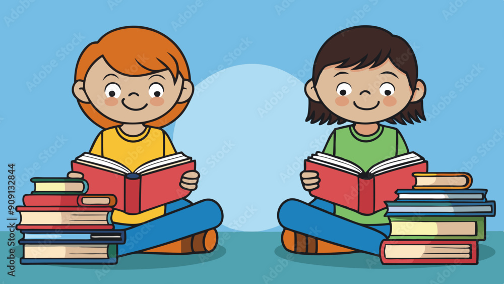 reading kids two kids reading quietly with stacks vector illustration reading kids two kids reading quietly with stacks vector illustration