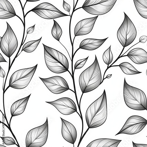 Elegant black and white botanical line art forming a seamless pattern