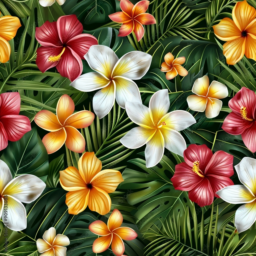Seamless pattern of tropical flowers and lush green foliage Seamless pattern of tropical flowers and lush green foliage