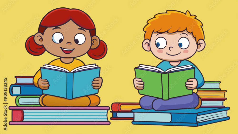 reading kids two kids reading quietly with stacks vector illustration reading kids two kids reading quietly with stacks vector illustration