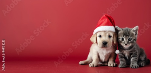Puppy and Kitten Celebrating Christmas Together on Red Background
