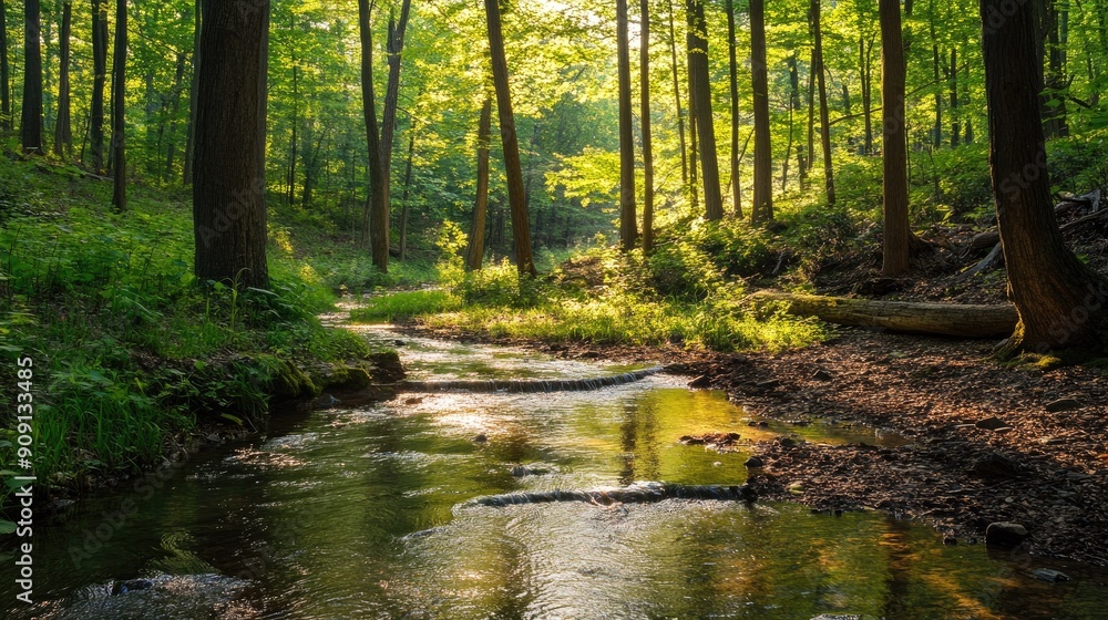 Obraz premium Serene forest setting with tall trees, dappled sunlight, and a gently winding stream enhancing the tranquility