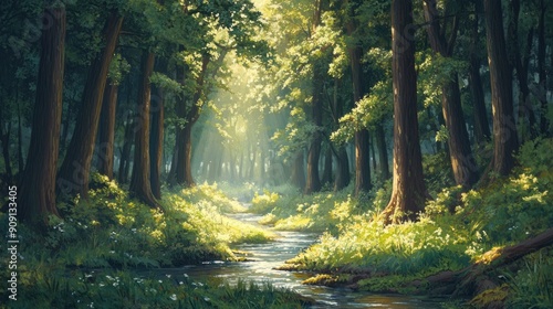 Serene forest landscape with towering trees  dappled sunlight  and a meandering stream creating a tranquil atmosphere