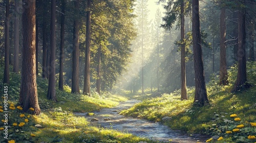 Serene forest scene with tall trees, dappled sunlight, and a meandering stream enhancing the tranquility