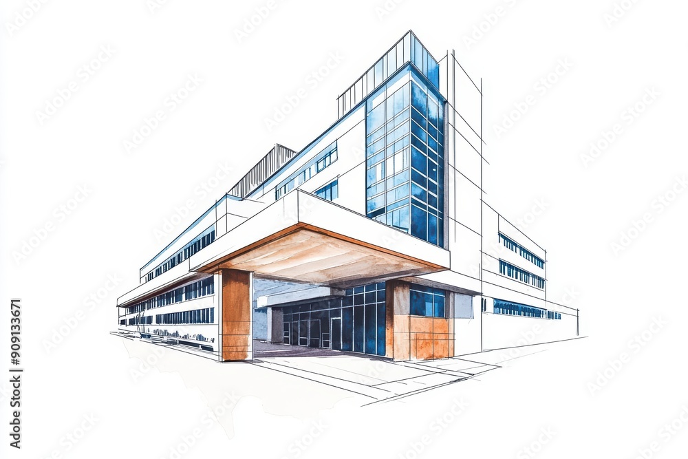 Hand drawn style, abstract watercolor of a hospital building, placed with empty space on the right, evokes a sense of safety and care Hand drawn style, abstract watercolor of a hospital building, placed with empty space on the right, evokes a sense of safety and care