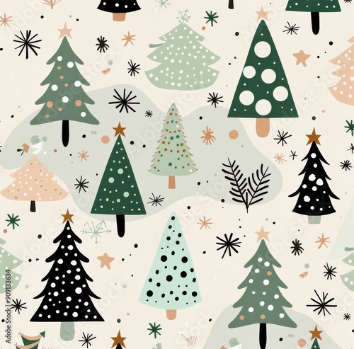Colorful Christmas Tree Pattern With Stars and Snowflakes on White Background