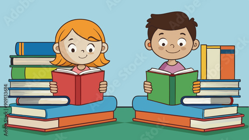 reading kids two kids reading quietly with stacks vector illustration