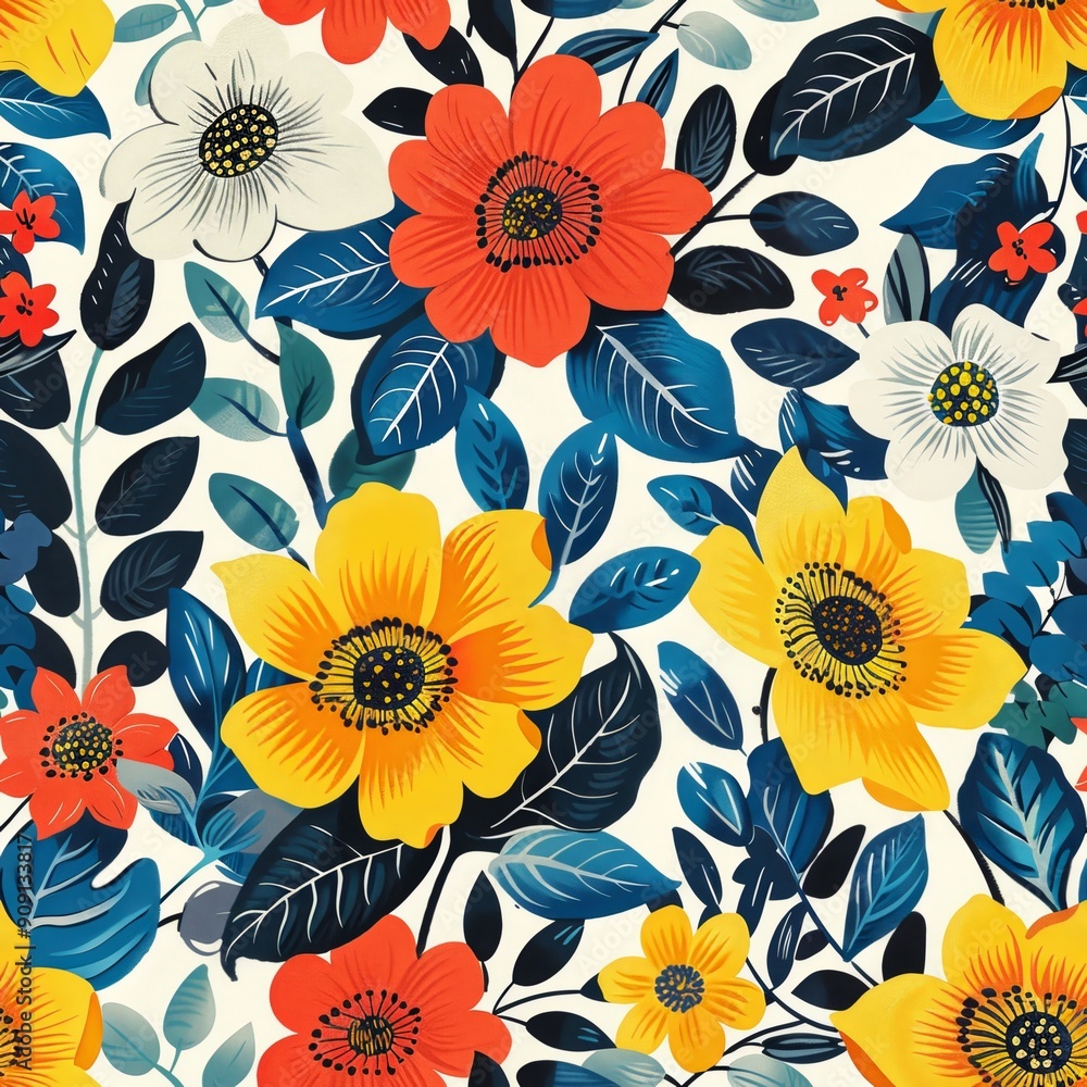 seamless pattern bold and bright florals with leafy elements in a seamless design seamless pattern bold and bright florals with leafy elements in a seamless design