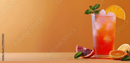Refreshing Citrus Drink With Garnish on Wooden Table During Sunset
