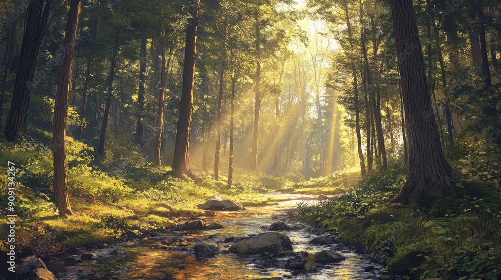 Tranquil forest setting with towering trees, dappled sunlight, and a meandering stream enhancing the peaceful atmosphere Tranquil forest setting with towering trees, dappled sunlight, and a meandering stream enhancing the peaceful atmosphere