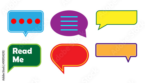 WorksSix colorful speech bubbles in various shapes and designs. Bubble represents different communication frame style of dots, lines and text in flat design vector illustrationhop1