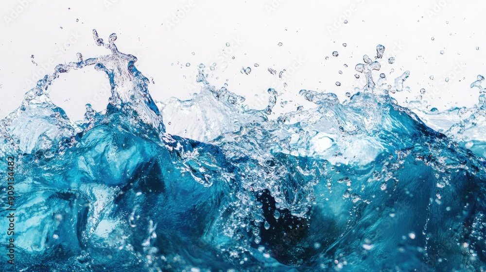 Vibrant blue waves splashing, with crystal clear water droplets on a stark white background. Vibrant blue waves splashing, with crystal clear water droplets on a stark white background.