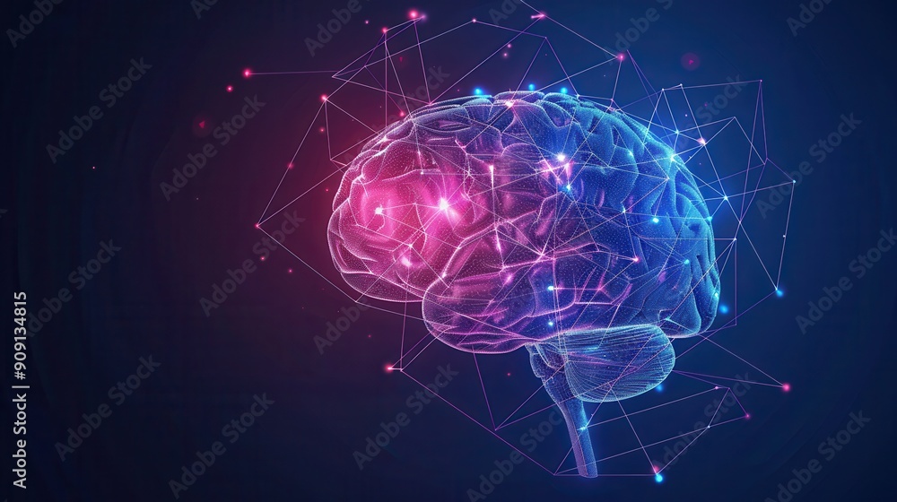 A colorful representation of a brain illuminated by interconnected networks in a dark background A colorful representation of a brain illuminated by interconnected networks in a dark background