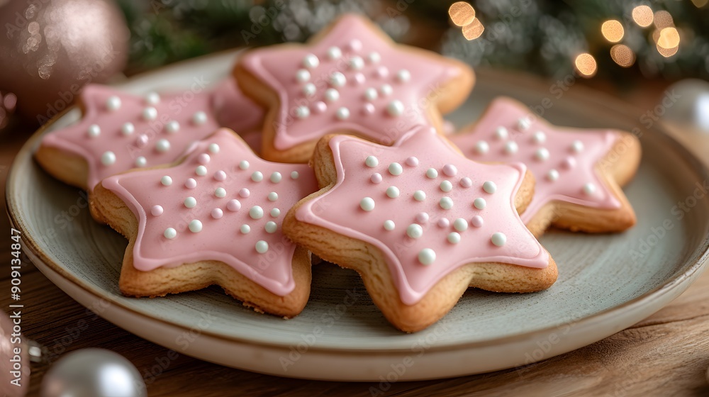 A plate of cookies with pink icing and white sprinkles. The cookies are arranged in a star pattern A plate of cookies with pink icing and white sprinkles. The cookies are arranged in a star pattern