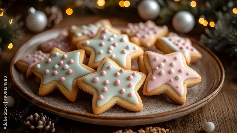 A plate of cookies with stars on them. The cookies are decorated with white icing and pink and green sprinkles A plate of cookies with stars on them. The cookies are decorated with white icing and pink and green sprinkles