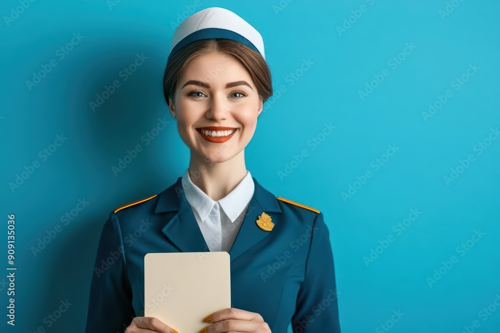 Luxury Portrait of a cheerful flight attendant standing against a solid blue background Luxury Portrait of a cheerful flight attendant standing against a solid blue background