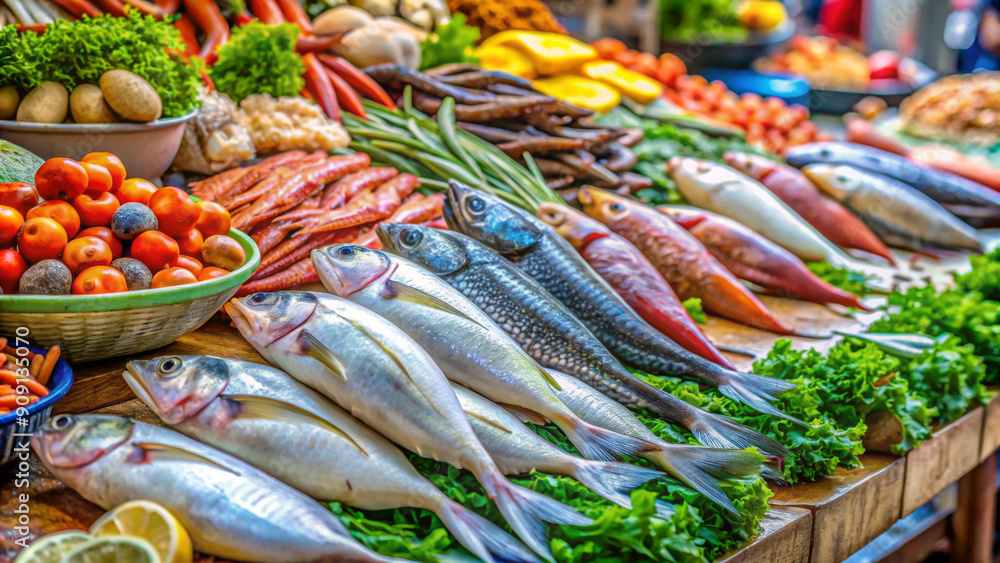 Fototapeta premium A colorful display of various fresh fish and vegetables can be seen at a market. The arrangement includes tomatoes, carrots, beans, peppers, and herbs in vibrant hues.AI generated.