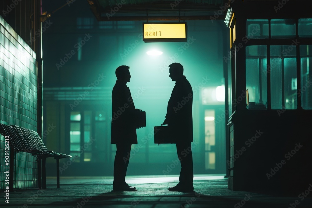 Mysterious briefcase exchange in a shadowy train station, with copy space Mysterious briefcase exchange in a shadowy train station, with copy space