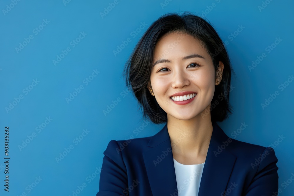 Luxury Portrait of a smiling Asian woman against a solid blue background Luxury Portrait of a smiling Asian woman against a solid blue background