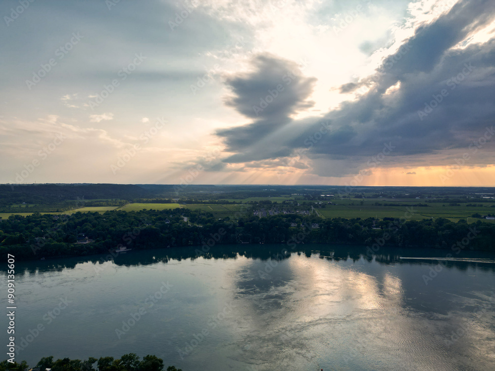 Aerial of Niagara-on-the-Lake and Queenston region of Ontario over the Niagara River from Lewiston, New York, crossing an international border to Canada. Shot on a rainy afternoon summer day, 2024. Aerial of Niagara-on-the-Lake and Queenston region of Ontario over the Niagara River from Lewiston, New York, crossing an international border to Canada. Shot on a rainy afternoon summer day, 2024.