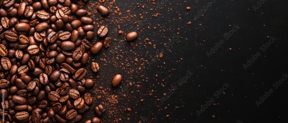Luxury splash of coffee beans, creating a visually striking scene with light effect highlighting the texture, aroma, and richness, coffee beans scattered with empty spaces for text Luxury splash of coffee beans, creating a visually striking scene with light effect highlighting the texture, aroma, and richness, coffee beans scattered with empty spaces for text