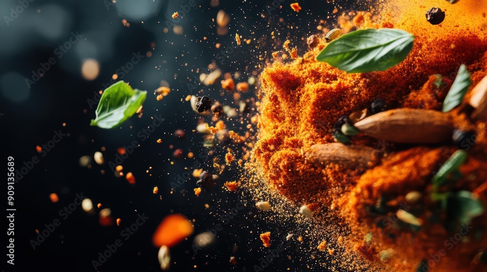 Luxury splash of exotic spices, featuring a dynamic light effect with empty spaces where sunlight filtering brings out the rich colors and textures Luxury splash of exotic spices, featuring a dynamic light effect with empty spaces where sunlight filtering brings out the rich colors and textures