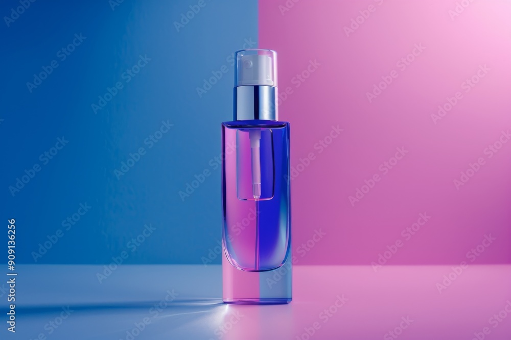 Bottle of facial cosmetic against two color background Bottle of facial cosmetic against two color background