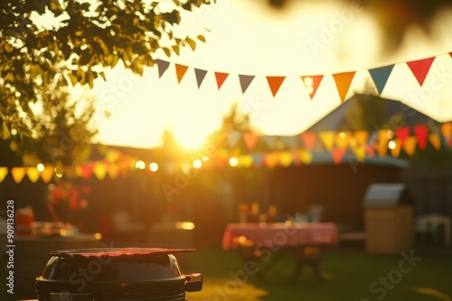 Neighborhood block party with colorful bunting and banners, with copy space