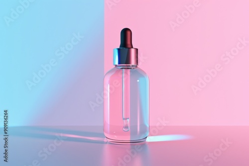 Bottle of facial cosmetic against two color background