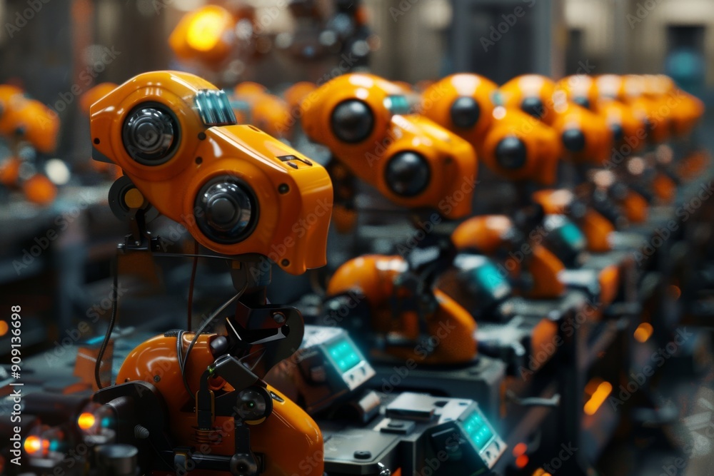 Orange robots working in a factory Orange robots working in a factory