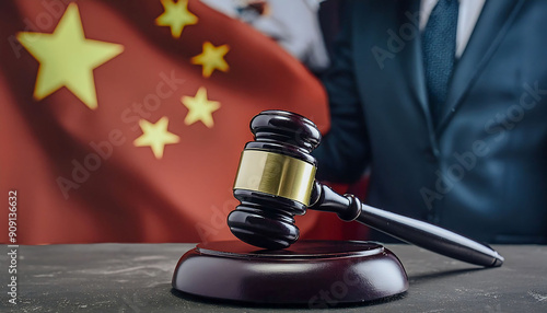 Judge’s Gavel on Table in Front of Chinese Flag, represents judicial authority and its influence on the Chinese legal system, highlighting the judge’s power in law enforcement photo