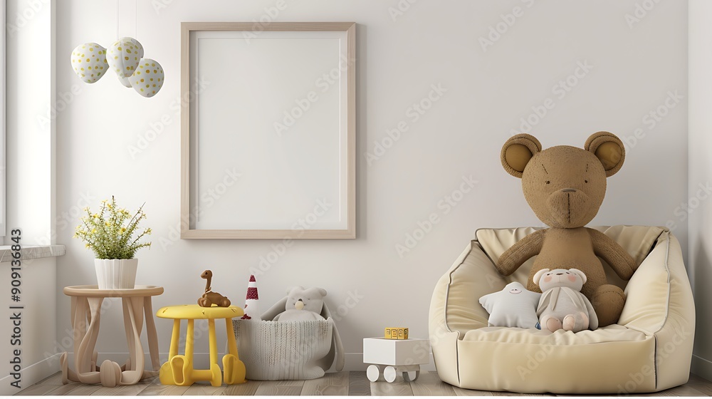 Modern nursery room with blank frame Modern nursery room with blank frame